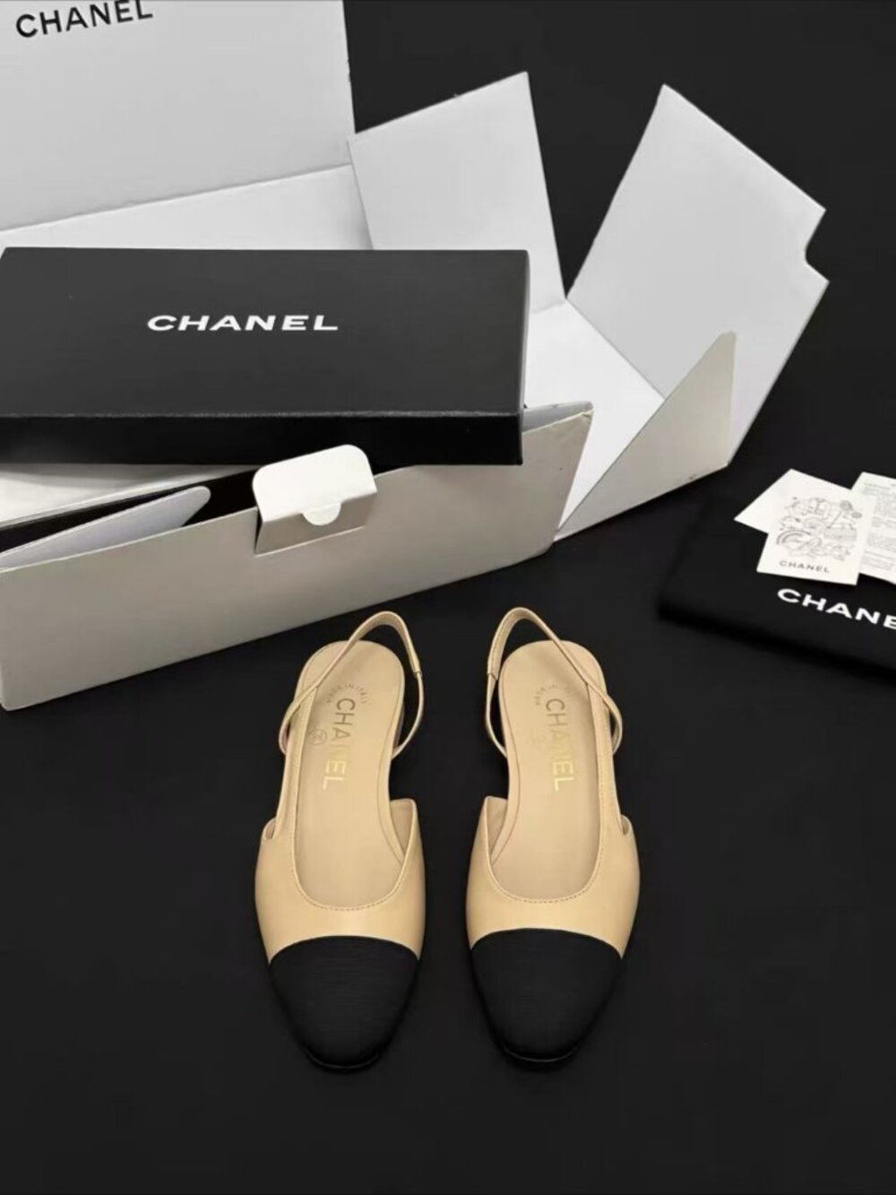 CHANEL CC Logo Cap Toe Slingback Women Flats